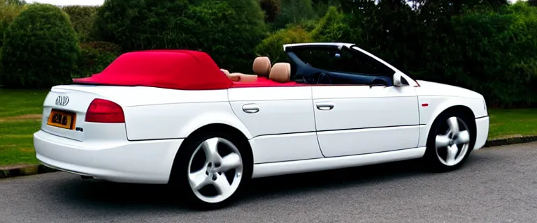 Image similar to Casablanca White Audi A4 B6 Avant Convertible (2002), red soft top roof raised, red interior, created by Barclay Shaw