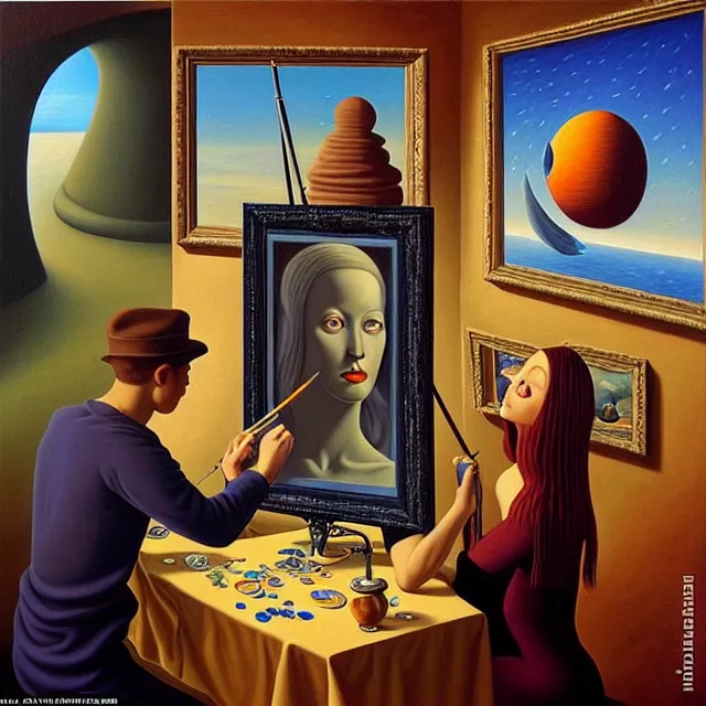 Image similar to an oil on canvas portrait of a man painting a portrait of a beautiful woman surrounded by paintings, surrealism, surrealist, cosmic horror, rob gonsalves, high detail