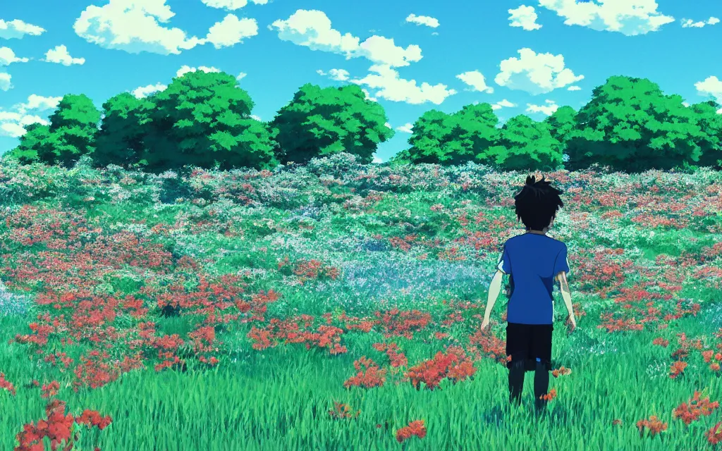 Prompt: a boy wearing a manchester united jersey day dreaming on a field of flower, beautiful bright blue sky. 35mm film. makoto shinkai, studio ghibli.