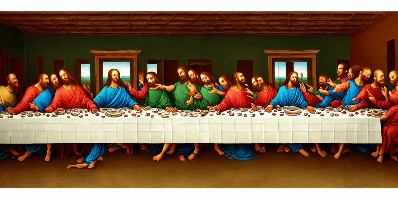 Image similar to the last supper iconic image long table big family style diner in the artistic style of surreal cat iconography but replace cast with little green aliens like the ones from tv and movies