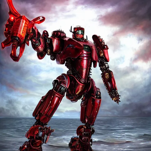 Prompt: pacific rim robot wearing shiny blood red armor holding a sword standing in the sea, full body image, steam punk, sci-fi, extremely detailed digital painting, in the style of Fenghua Zhong and Ruan Jia and Jermy lipking and peter mohrbacher, mystic colors, highly detailed, deep aesthetic, 8k, highly ornate intricate details, cinematic lighting, rich colors, digital artwork, ray tracing, hyperrealistic, photorealistic, cinematic landscape, trending on artstation,