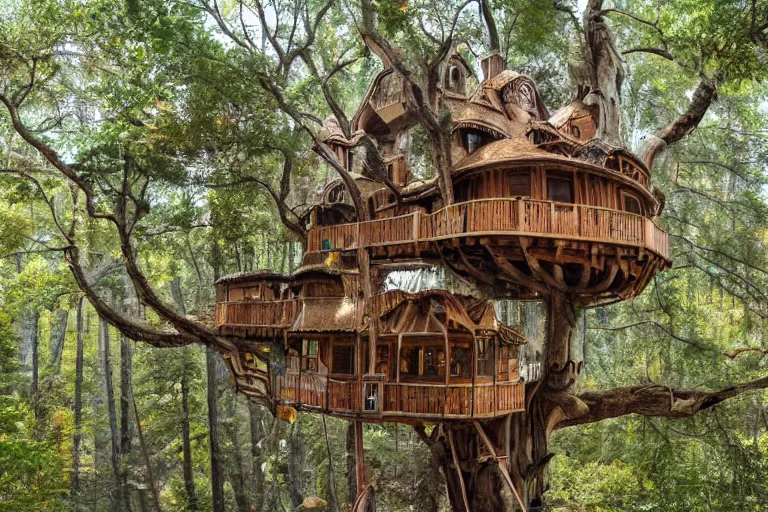 Prompt: an elaborate whimsical treehouse built on the top of a large canyon, hyperdetailed photograph