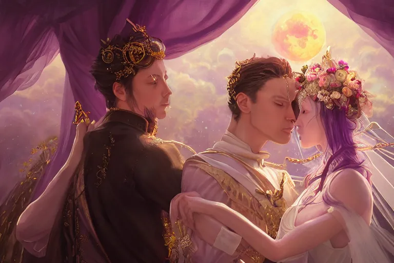 Image similar to a dreamlike cinematic portrait of wedding photograph close up moment of a divine a russia sun god and moon goddess lovers magician at a wedding banquet. portraiture. digital painting. artstation. concept art. fantasy wedding photo. digital painting, 8 k realistic, hyper detailed, violet evergarden art masterpiece by art by krenz cushart