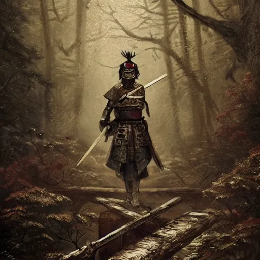 Prompt: samurai warrior wielding a sword, forest, standing on a bridge, by seb mckinnon, high detail, dramatic light, digital art, painted by greg rutkowski, promotional movie posterart, trending on artstation