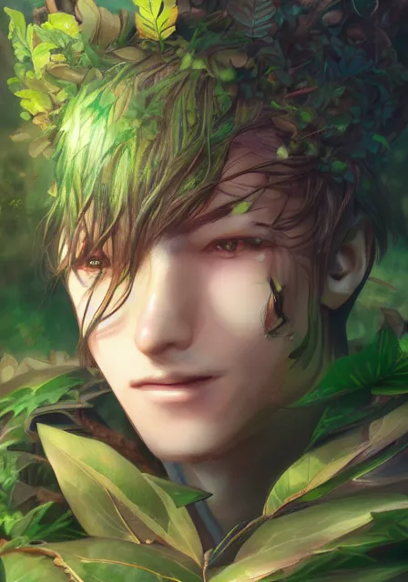 Image similar to A realistic anime portrait of a handsome fat dryad with glowing green eyes and tree bark skin wearing clothes made of leaves, digital painting, by Stanley Artgerm Lau, Sakimichan, WLOP and Rossdraws, digtial painting, trending on ArtStation, SFW version