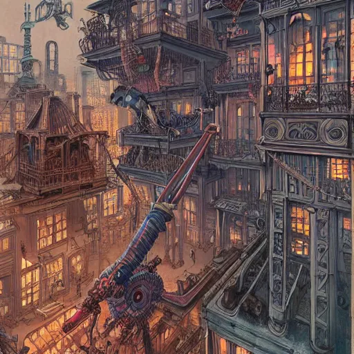 Prompt: A steampunk city, art by James Jean and Wayne Barlowe
