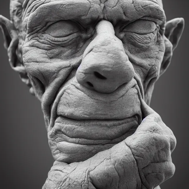 Image similar to photography of a sculpture of Samuel Beckett made of clay by Sebastian Kruger and Michelangelo, 50mm, studio atmosphere, 8K, rim light, octane render, ultra-realistic