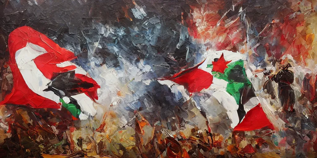 Image similar to dramatic oil painting of freedom for palestine, red green white black