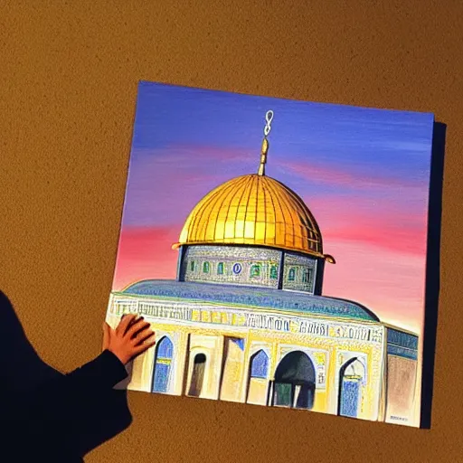 Image similar to a beautiful oil painting flyer design illustration of dome of the rock jerusalem and a muslim is praying to god in front of it, rule of thirds, sunset, highly detailed, perfect lighting, perfect composition, 4 k, artgerm, derek zabrocki, greg rutkowski - h 7 6 8