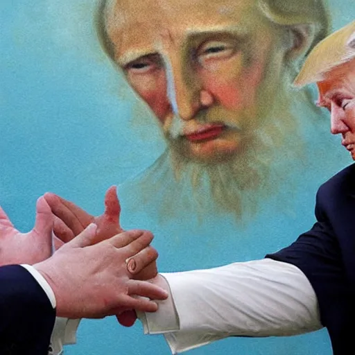 Image similar to Donald Trump reaching out to touch Vladimir Putin, replica of Michaelangelo painting Creation of Adam