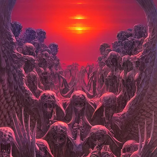 Prompt: Soul eating angels satisfy their hunger, light illumination at sunset, by Wayne Barlowe height 768