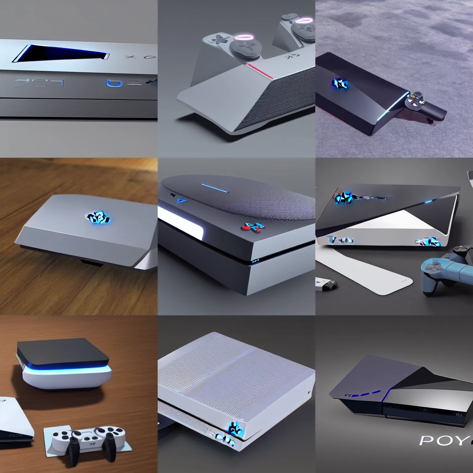 Prompt: rendering of the newest Playstation console in the year 2050