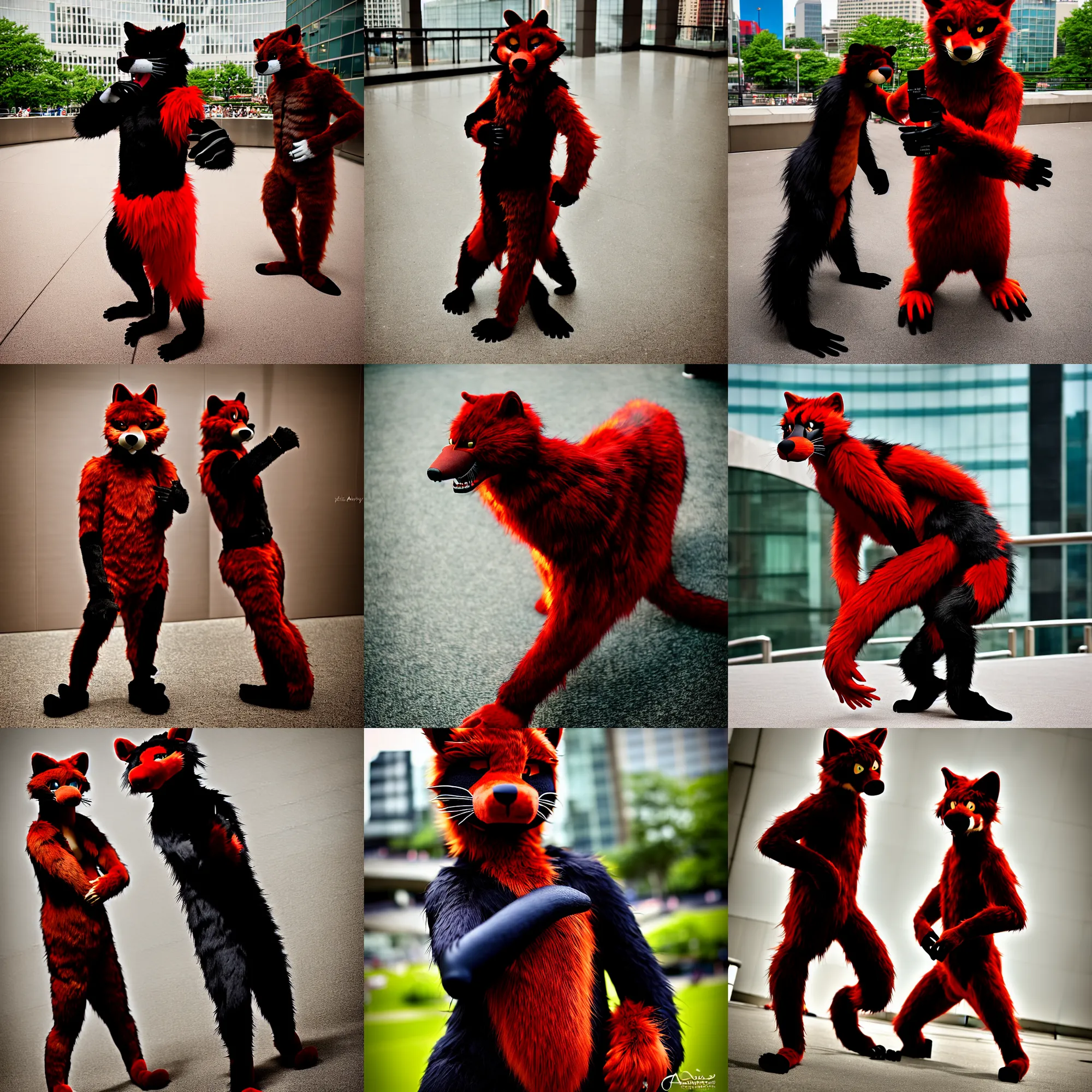 Image similar to fullbody photoshoot photo portrait of a roguish male red - black furred bipedal weasel furry fursona / fursuiter, photorealistic, taken at anthrocon