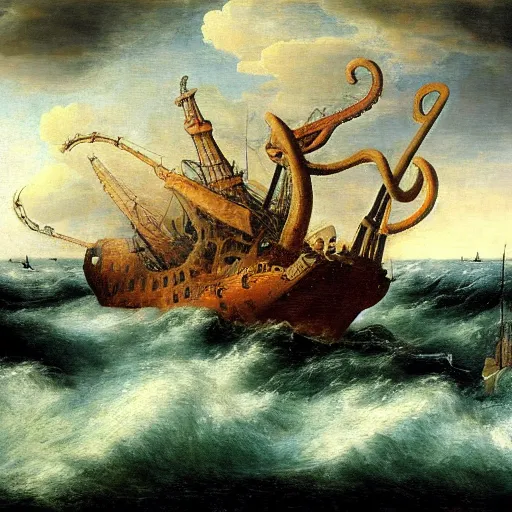 Image similar to A giant squid destroying a cruise ship in the middle of the ocean, oil painting by Jan Steen