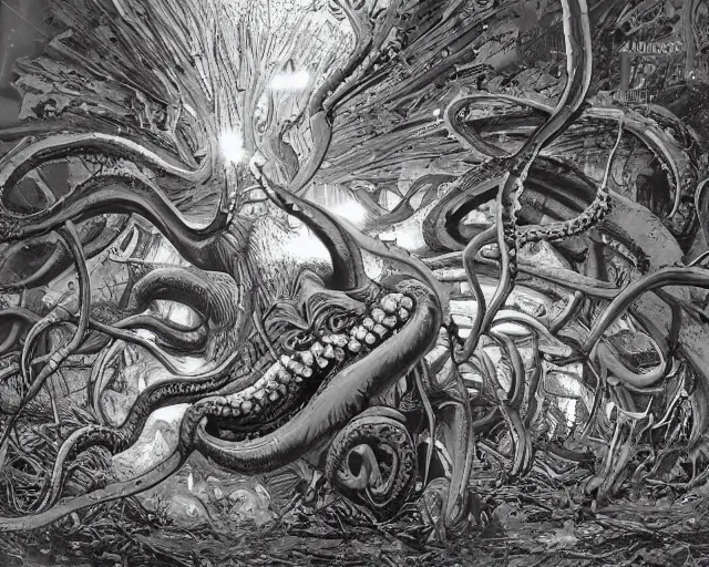 Image similar to camera footage of a extremely aggressive Giant mutated Octopus with glowing white eyes, False Human Features, in an abandoned shopping mall, Psychic Mind flayer, Terrifying, Metal Slug Aliens :7 , high exposure, dark, monochrome, camera, grainy, CCTV, security camera footage, timestamp, zoomed in, Feral, fish-eye lens, Fast, Radiation Mutated, Nightmare Fuel, Ancient Evil, Bite, Motion Blur, horrifying, lunging at camera :4 bloody dead body, blood on floors, windows and walls :5