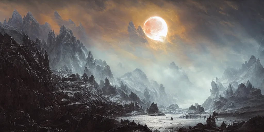 Image similar to Epic Exterior of The dragon's lair, craggy cliffs, swirling skies, blood moon, very ominous environment, icy ground, wintry light, snowy stunning atmosphere, god light, light shafts, epic realm, bloom, in style of Ivan Shishkin and in style of Greg Rutkowski