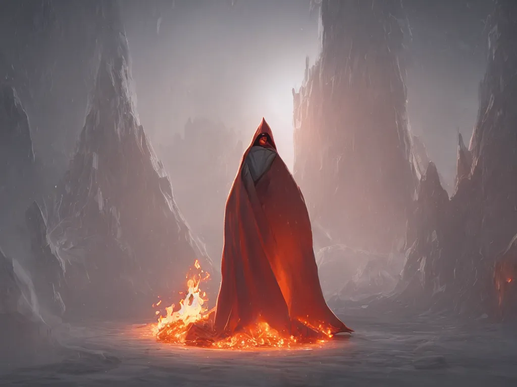 Image similar to a man in white cloak flies from flame , symmetry, intricate, highly detailed, artstation trending, ray tracing, cinematic, art by andrey surnov, concept art,