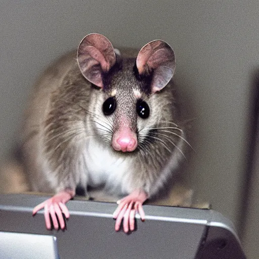 Prompt: a photograph of a possum using a computer