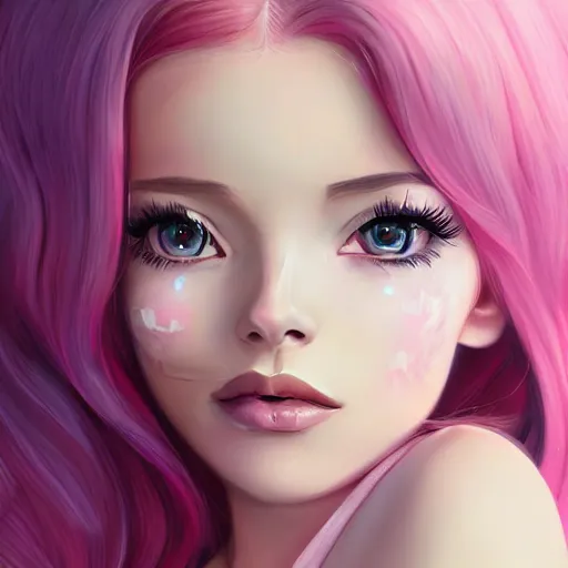 Prompt: belle delphine with pastel pink hair and shiny brown eyes, elegant, ultra highly detailed, digital painting, smooth, sharp focus, artstation, art by Ilya Kuvshinov