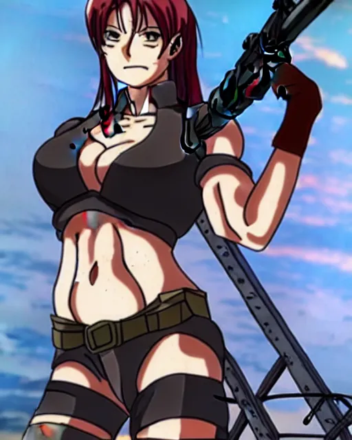Prompt: style of madhouse anime, revy from black lagoon, on a boat, smirk on face