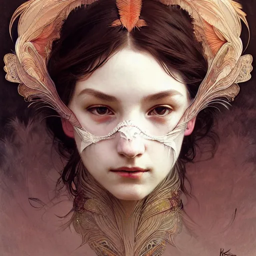 Prompt: Girl wearing an intricate mask made of delicate feathers, face, detailed, elegant, highly detailed, digital painting, artstation, concept art, smooth, sharp focus, illustration, art by Krenz Cushart and Artem Demura and alphonse mucha