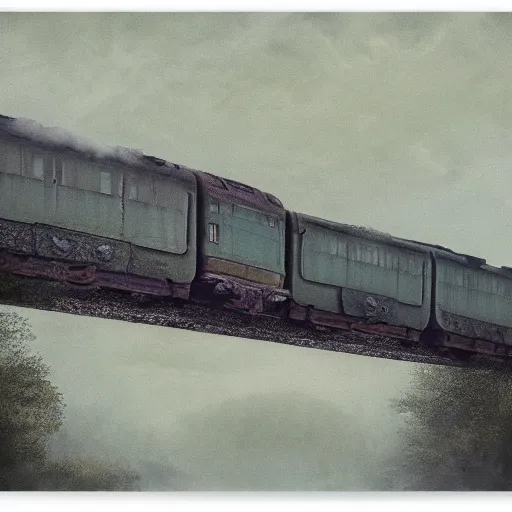 Image similar to an old train under the bridge by Aron Wiesenfeld and beksincki, cinematic, detailed illustration, nature, fog, dark colors, suspense, intricate, 8k