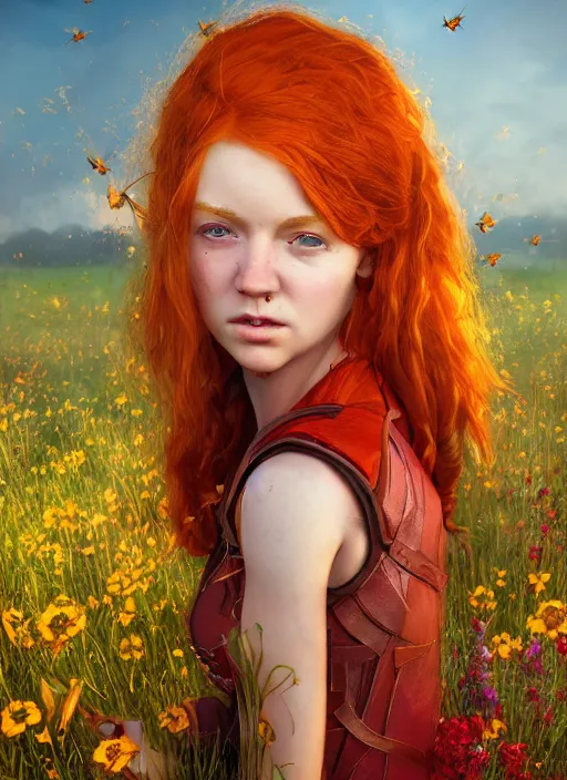 Image similar to An epic fantasy comic book style portrait painting of a young red headed girl with a tiny bright golden bee engraved on her exposed shoulder in a field of flowers , unreal 5, DAZ, hyperrealistic, octane render, cosplay, RPG portrait, dynamic lighting