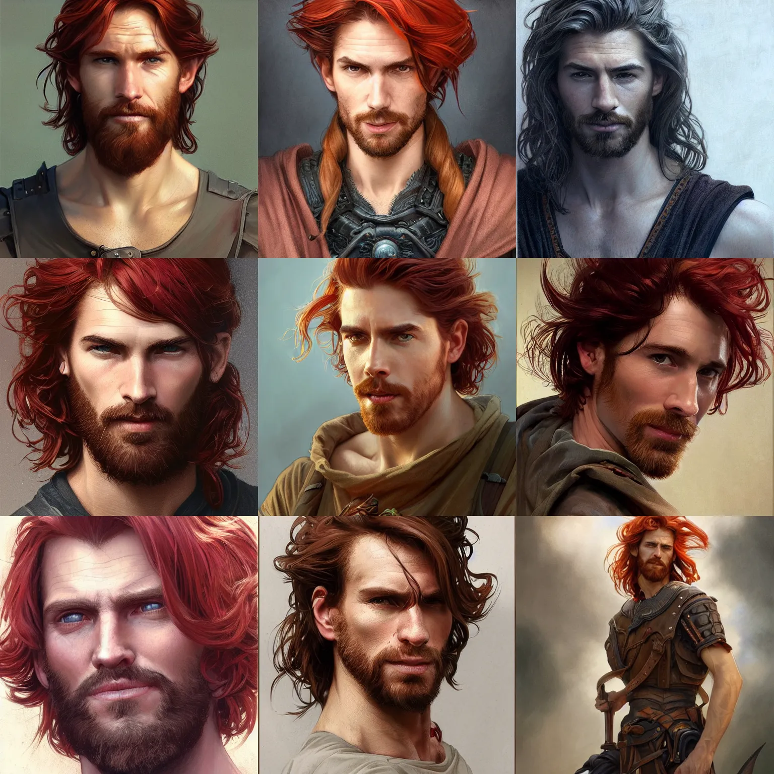 Prompt: portrait of you as a young ruggedly handsome but joyful being, male, masculine, upper body, red hair, long hair, d & d, fantasy, fierce, sharp features, intricate, elegant, highly detailed, digital painting, artstation, concept art, matte, sharp focus, illustration, art by artgerm and greg rutkowski and alphonse mucha