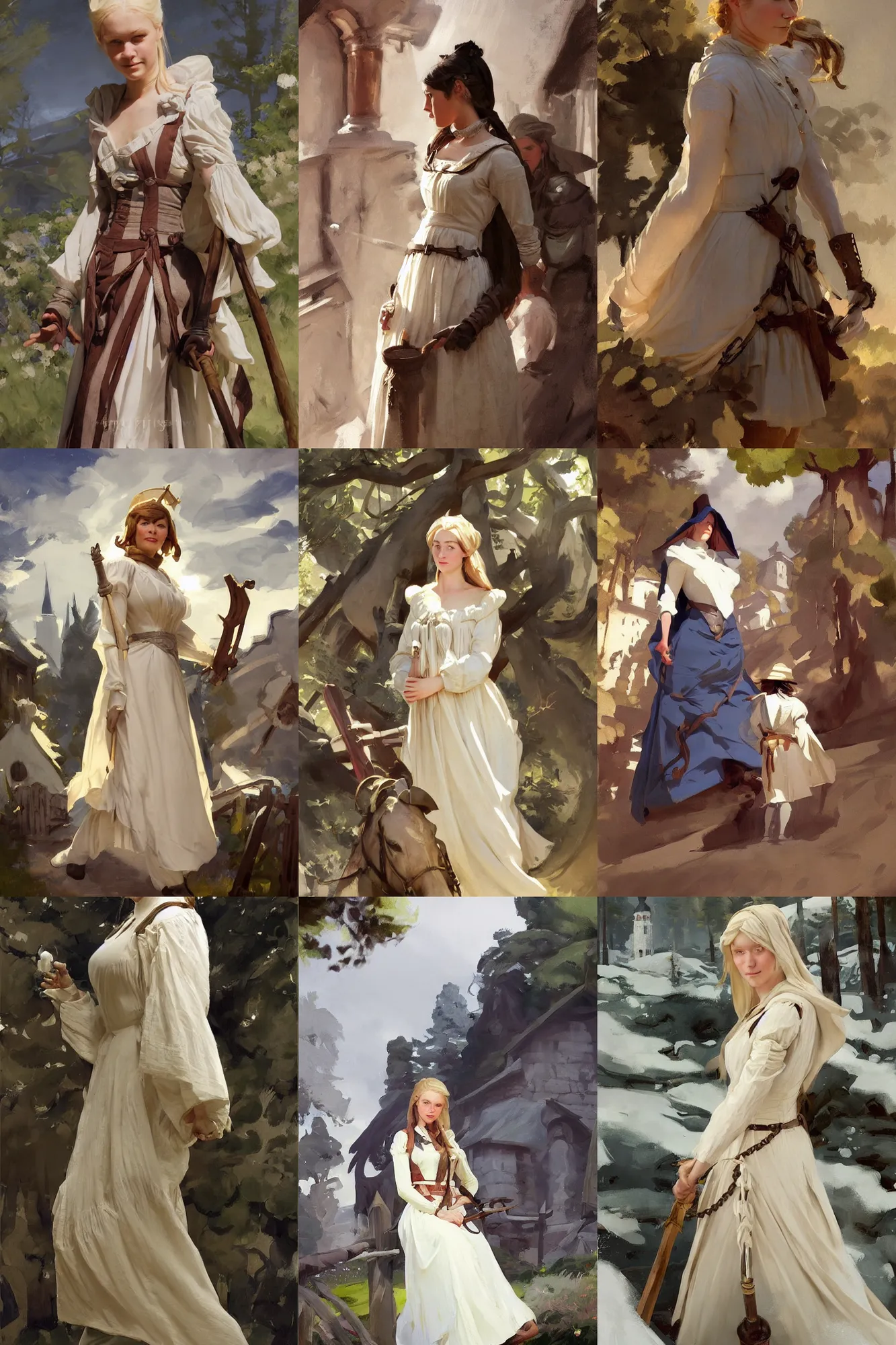 Prompt: portrait of medieval village finnish norway scandinavian maiden wearing empire waist regency dress jodhpurs greg manchess painting by sargent and leyendecker, studio ghibli, fantasy, medium shot, asymmetrical, intricate, elegant, matte painting, illustration, hearthstone, by greg rutkowski, by greg tocchini, by james gilleard, by joe fenton