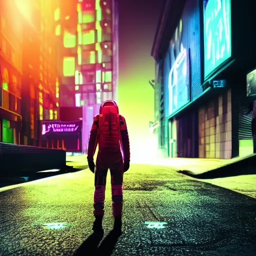 Prompt: cyberpunk astronaut walking alone down a deserted city street, neon lights, octane render, iridescent lighting,
