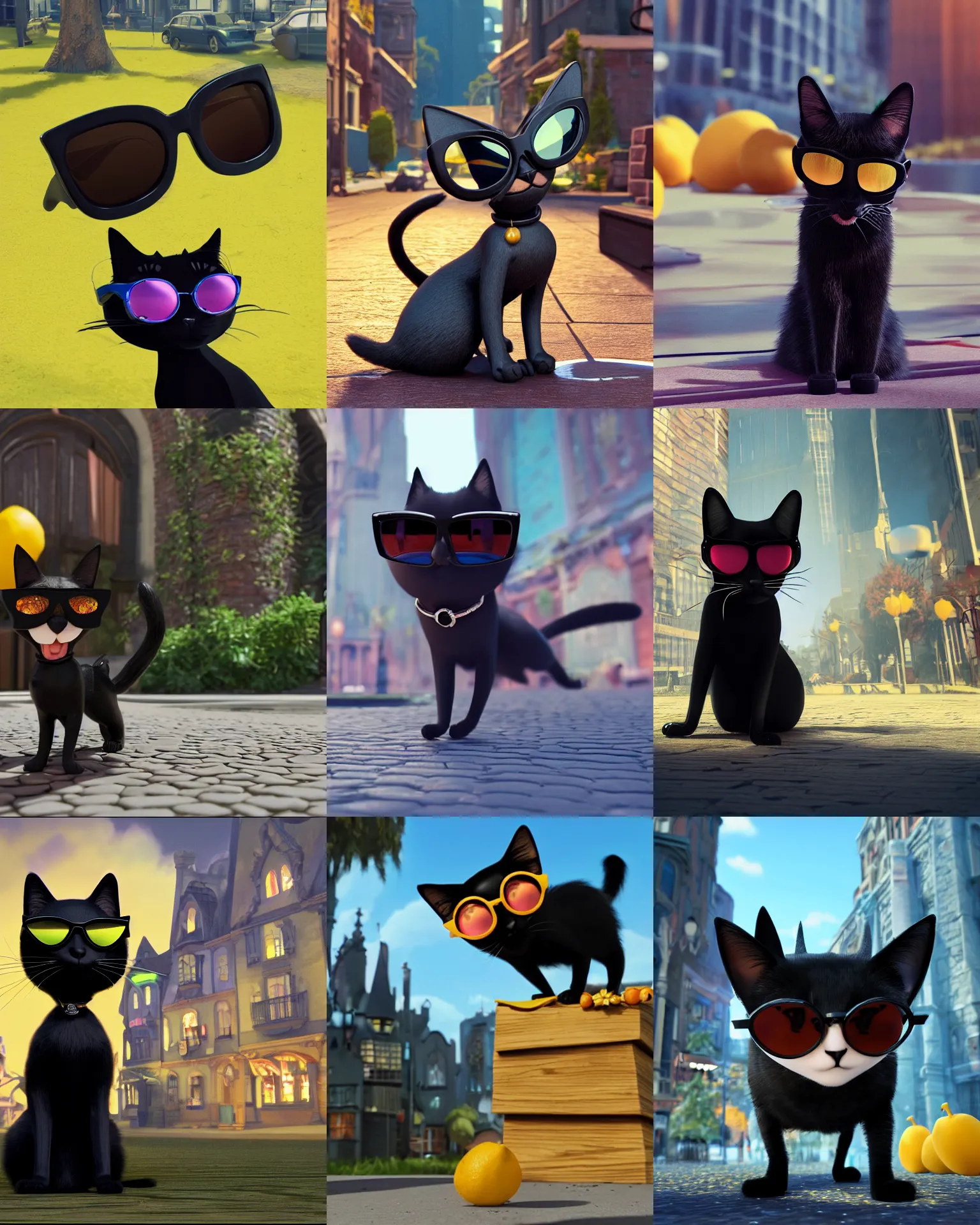 Prompt: a gothic black Cat living in the city with cool sunglasses from the latest disney pixar film, stopmotion animation, detailed, cgi, greg, ross tran, rendered in unreal engine, lemons on the ground, sunglasses