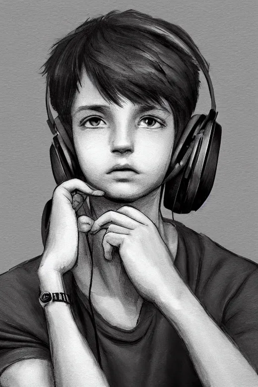 Image similar to a boy with headphones in a cafe, digital art, digital painting, masterpiece, concept art, trending on deviantart, highly detailed, high quality, anatomically correct, five fingers, cinematic, high coherence, soft lighting, soft colors, beautiful, elegant, short black hair, 4 k, symmetrical, realistic and detailed face, cartoon