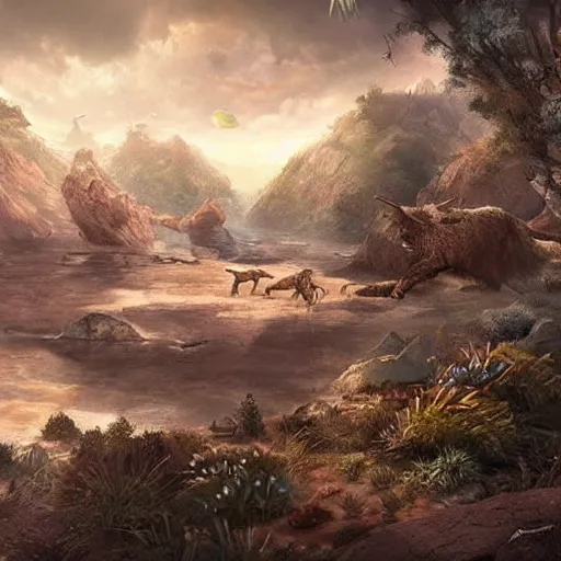 Image similar to large landscapes from another world, beautiful depiction, very detailed animals, enhance lighting, the sky is looking really cool