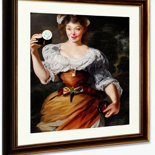 Image similar to heavenly summer sharp land sphere scallop well dressed lady holding a starbucks coffee cup, auslese, by peter paul rubens and eugene delacroix and karol bak, hyperrealism, digital illustration, fauvist, starbucks coffee cup