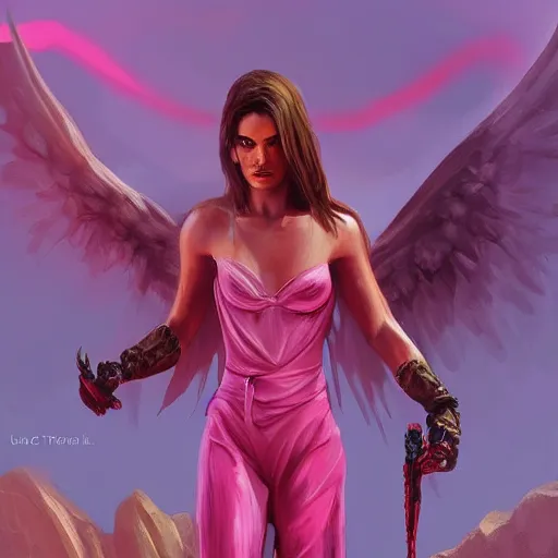 Image similar to lucifer in mountain using pink jumpsuit tarot card, digital, rider waite card, painting, ultradetailed, artstation, oil painting, ultradetailed, artstation