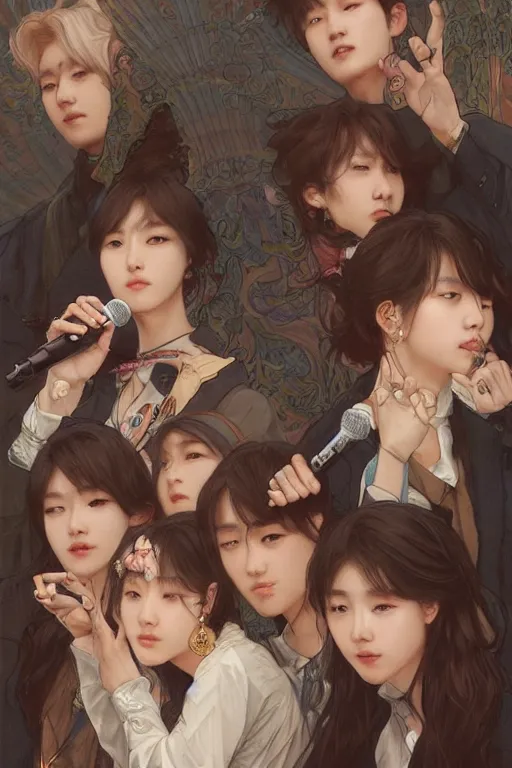 Prompt: beautiful cottagecore bts k-pop band holding a microphone. intricate, elegant. highly detailed, digital painting, artstation, concept art, smooth, sharp, focus, illustration. . art by artgerm and greg rutkowski and alphonse mucha