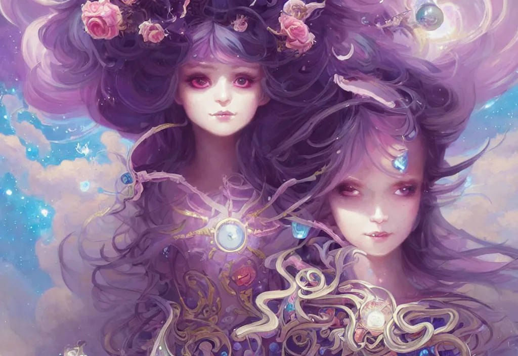 Image similar to close up picture of an maximalist dress magical girl, neat hair with bangs, smug face, fist to camera, extremely beautiful and aesthetic and detailed cute face and eyes, wipe out evils with cute astronaut familiar sprites, aming the magical beams, chiaroscuro, intricate, masterpiece, fantasy illustrations by peter mohrbacher and anato finnstark and jeremy lipking