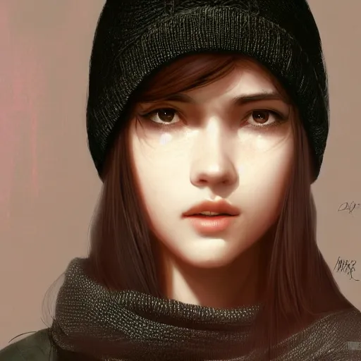 Prompt: a black haired girl wearing a beanie, digital art, 8 k resolution, unreal engine, highly detailed, pretty face, very beautiful face, very detailed eyes, photorealistic by wlop, greg rutkowski