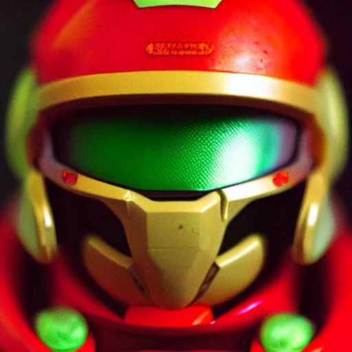 Prompt: helmet portrait of a figurine of samus aran's varia suit from the sci - fi nintendo videogame metroid. red round helmet, orange shoulder pads, green visor. shallow depth of field. suit of armor.