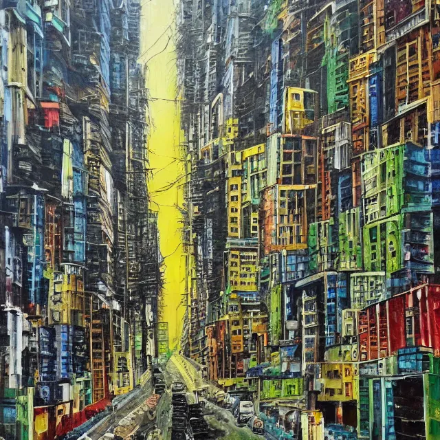 Prompt: streets of mumbai, future, mossy buildings, high fidelity, oil painting, straight lines