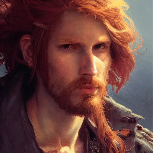 Image similar to portrait of a young rugged pirate, male, masculine, upper body, red hair, long hair, d & d, fantasy, intricate, elegant, highly detailed, digital painting, artstation, concept art, matte, sharp focus, illustration, art by artgerm and greg rutkowski and alphonse mucha