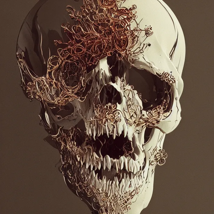 Image similar to portrait of a melting skull. razor sharp teeth. intricate abstract. intricate artwork. by Tooth Wu, wlop, beeple, dan mumford. octane render, trending on artstation, greg rutkowski very coherent symmetrical artwork. cinematic, hyper realism, high detail, octane render, 8k, iridescent accents