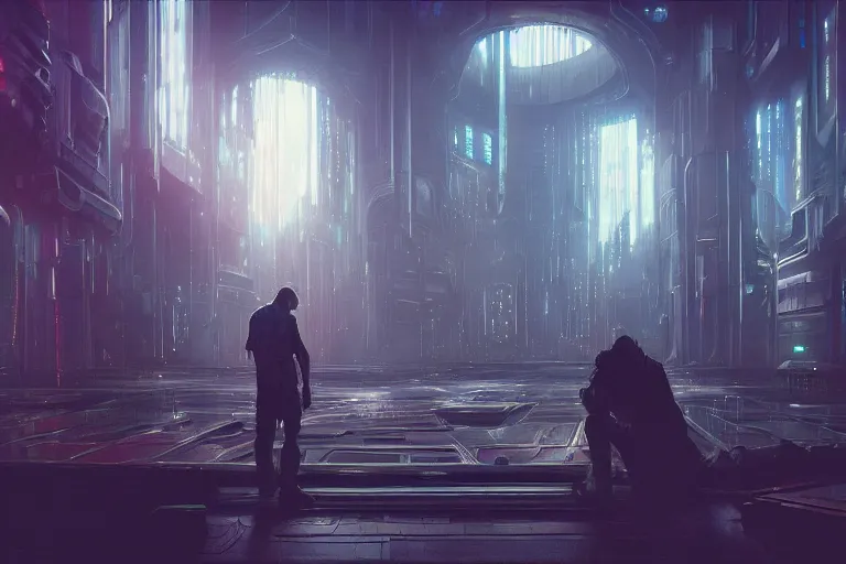 Image similar to sci fi cyberpunk fantasy art a man prays at the altar to the god of machines, by greg rutkowski ultrahd dark volumetric lighting hyper detailed unreal engine octane render