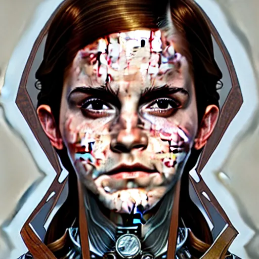 Image similar to emma watson robotic portrait of forest gog, male, clear face, symetrical, masculine, full body, muscular, fantasy, intricate, elegant, highly detailed, digital painting, artstation, concept art, matte, sharp focus, illustration, art by artgerm and greg rutkowski and alphonse mucha