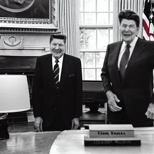 Image similar to a minion with president ronald reagan, zoom photograph, oval office,