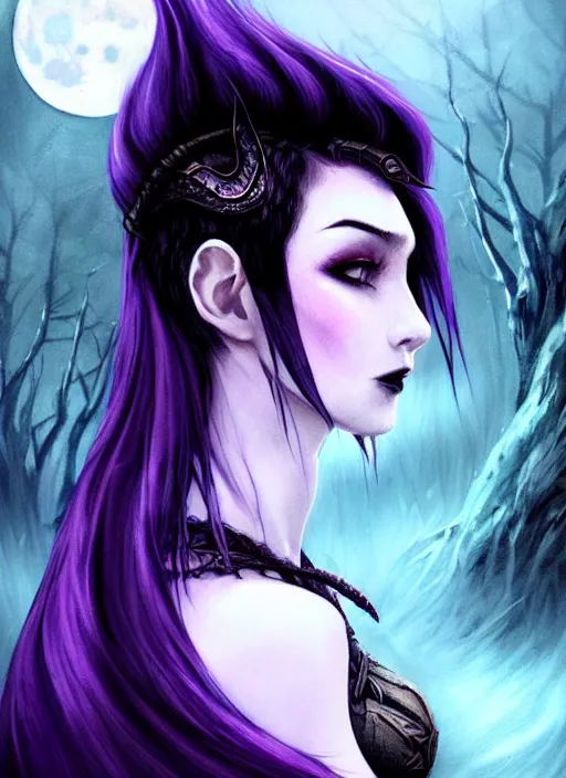 Prompt: moon in the background, side portrait dark witch!!!!!!!!!!, adventurer outfit large cloak, fantasy forest landscape, dragon scales, fantasy magic, undercut hairstyle, short purple black fade hair, dark light night, intricate, elegant, sharp focus, illustration, highly detailed, digital painting, concept art, matte, art by WLOP and Artgerm and Greg Rutkowski and Alphonse Mucha, masterpiece