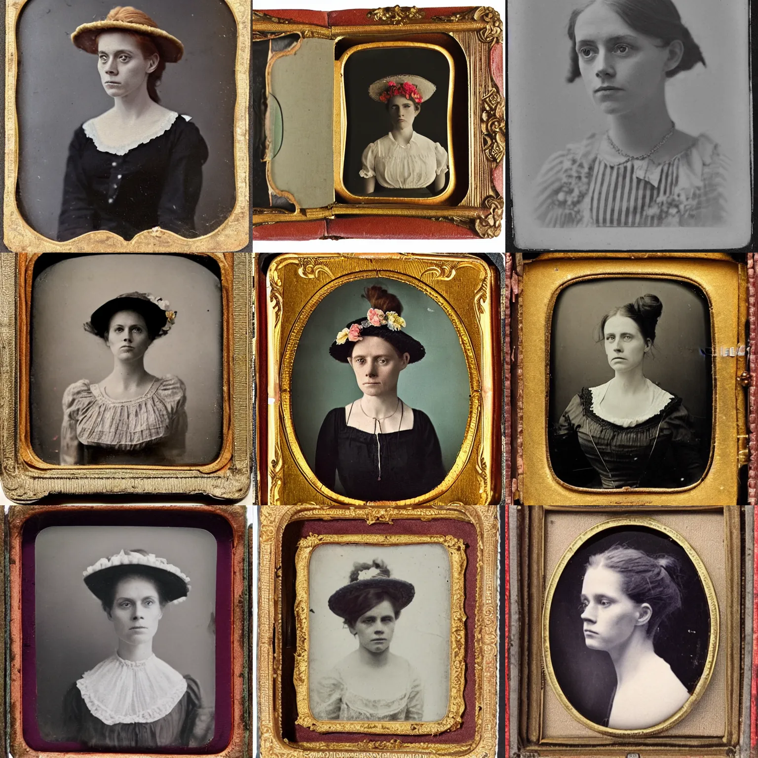 Prompt: a late 1 9 th century, 3 0 years old, austro - hungarian, sullen old maid ( redhead, tight bun, tight bun, straw hat decorated with too big flowers, looks a like amy adams mixed with anne - marie duff, but not pretty, as a strict school teacher ), 1 9 th century daguerreotype by emil rabending