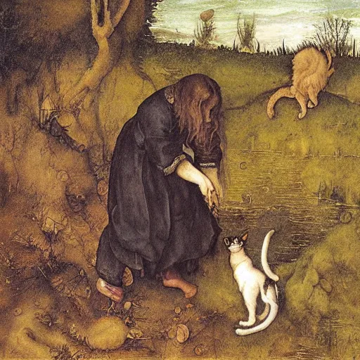 Image similar to oil painting of a girl trying to rescue a cat from a swamp by Albrecht Dürer