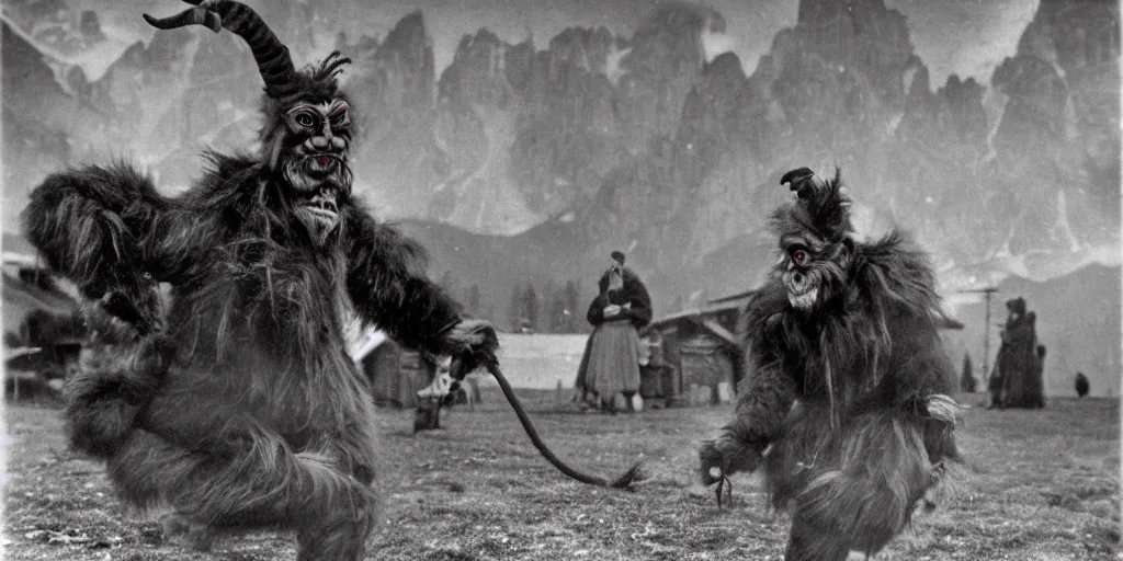 Image similar to krampus with big beak dancing in dolomites, hay fur, austrian folklore, 1920s photography, grainy, eerie, dark