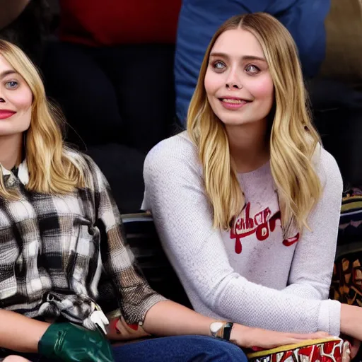 Prompt: Margot Robbie and Elizabeth Olsen sitting on the couch together holding hands, looking at the camera, highly detailed.